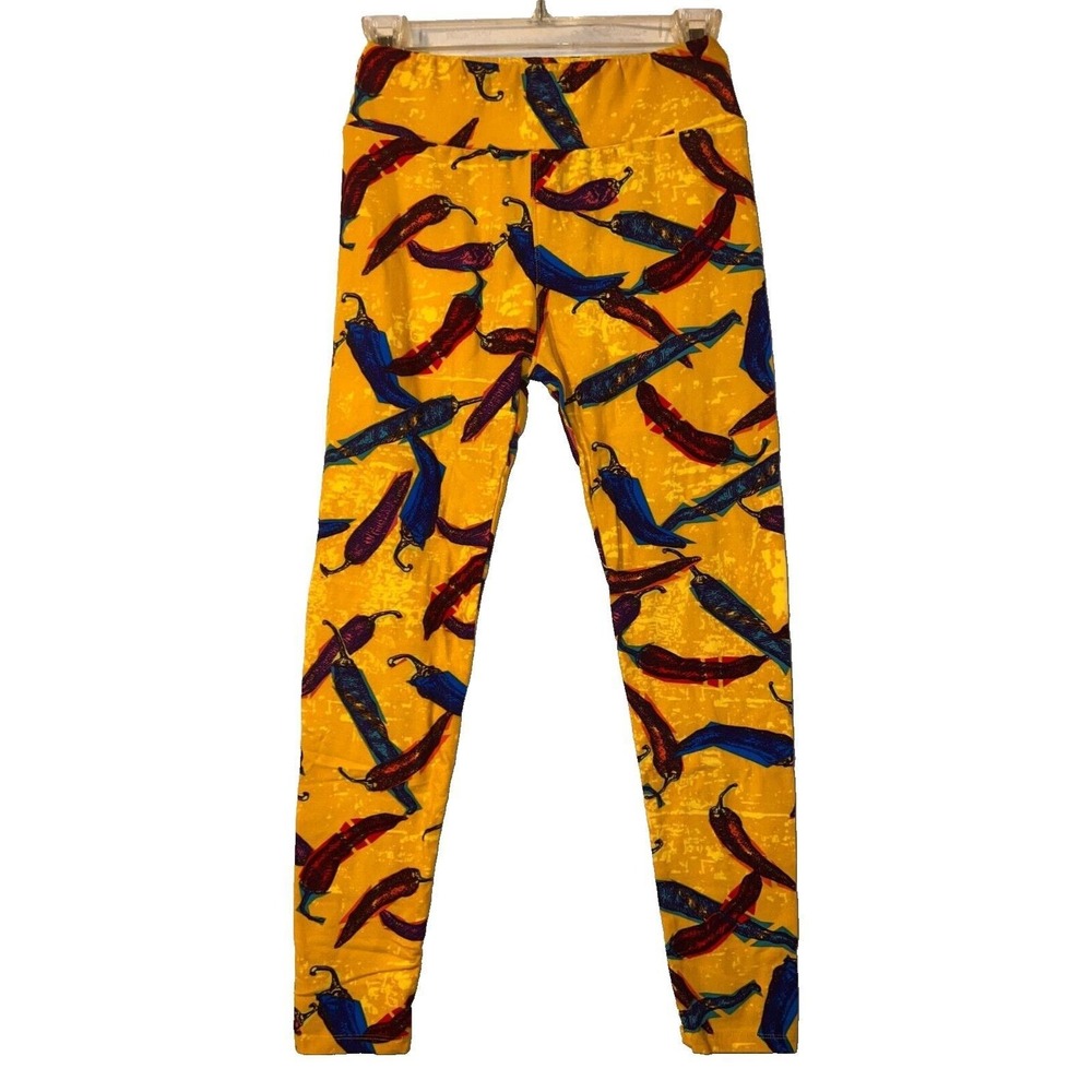 LuLaRoe OS Leggings Yellow Red Blue Chili Pepper Print High Waist Stretch Slim